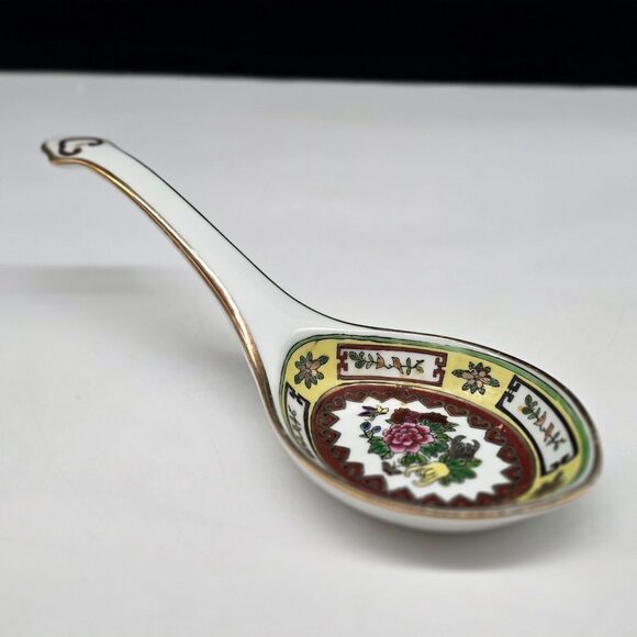 Chinese Porcelain Serving Spoon Floral Butterfly Heart Design Gold Trim 9" - Picture 5 of 8